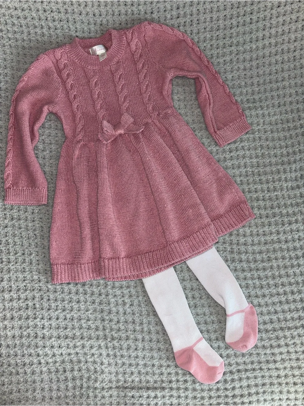 Girls Pink Knit Bow Sweater Dress with Matching Pink-Accent Tights